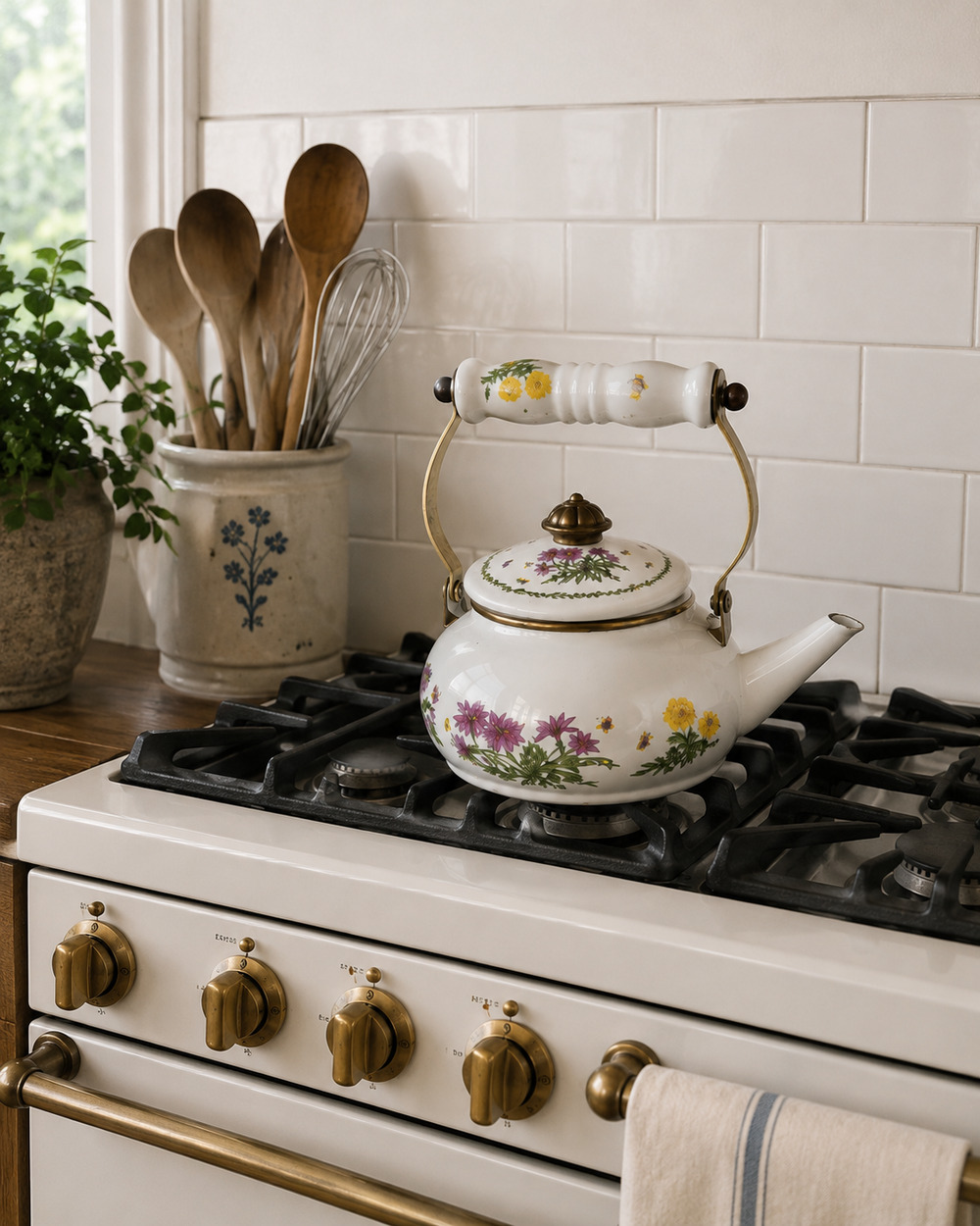 Vintage Enamel Tea Kettle Lincoln Ware Ceramic Handle Cottage Farmhouse Floral
